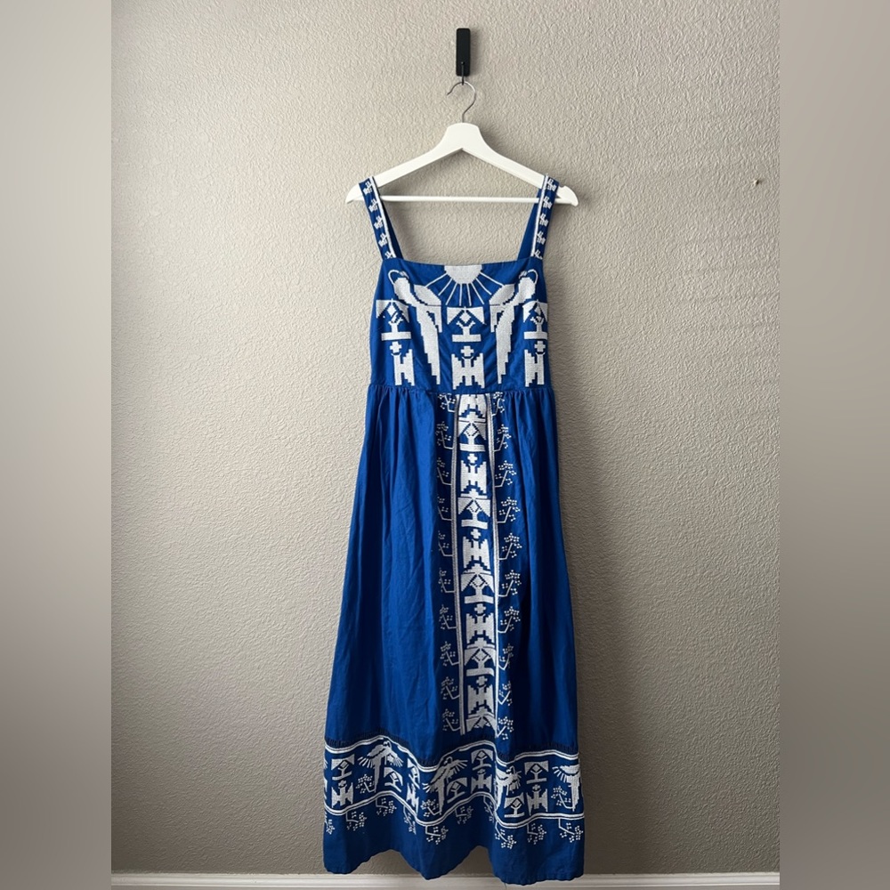 Farm Rio Navy Macaw Embroidered Maxi Dress, size Medium